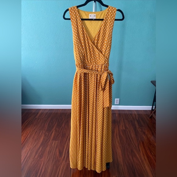Mia Joy Boho Maxi Dress Small Mustard Yellow Polka Dot Layered Sleeveless (P-17) - Picture 2 of 10